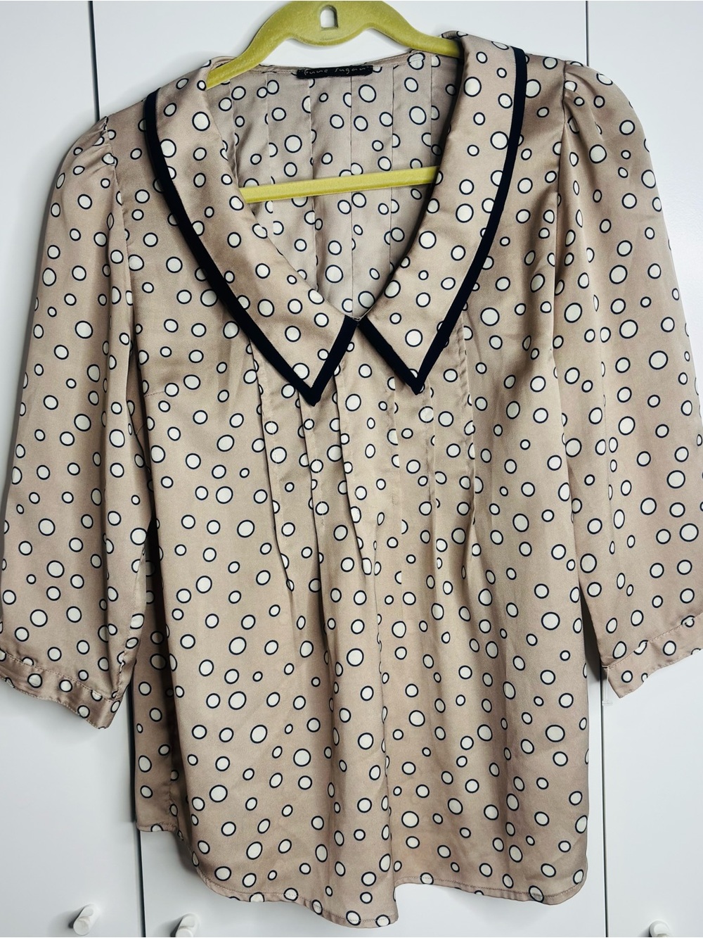 Beige Polka Dot Blouse with Black Trim Collar